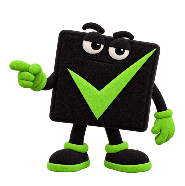 Mr. Check, Checkbox Media’s stoic mascot, pointing at the viewer.