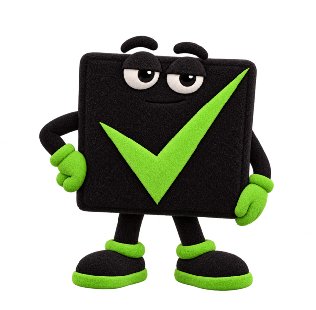 Mr. Check, Checkbox Media’s stoic mascot, waiting with one hand on his hip.